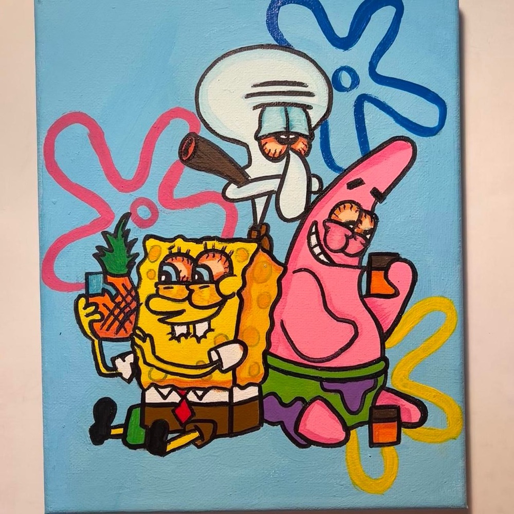SpongeBob, Squidward, Patrick smoking 8x10 canvas  acrylic painting room decor